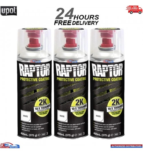 3 X UPOL RAPTOR 2K TOUGH BED LINER U-POL PROTECTOR 400ML AEROSOL - WHITE